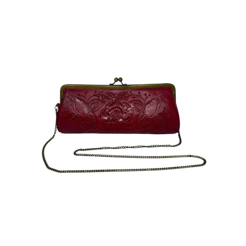 Alexis David Red Tooled Leather Clutch with Removable Chain Strap